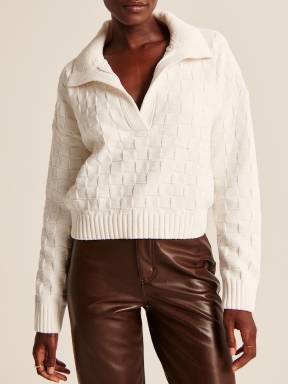 Abercrombie & Fitch Checkerboard Stitch Notch Neck Collar Small Ivory Sweater